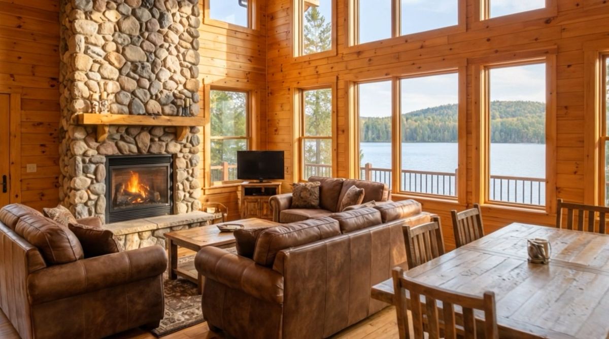 Example cabin great room with stone fireplace and lake view